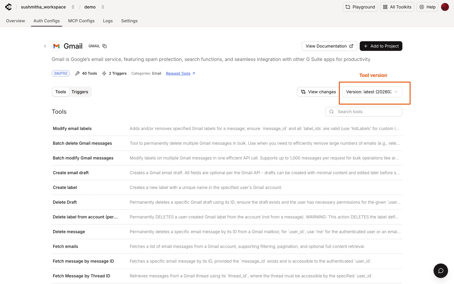Toolkit version selector on the Composio dashboard