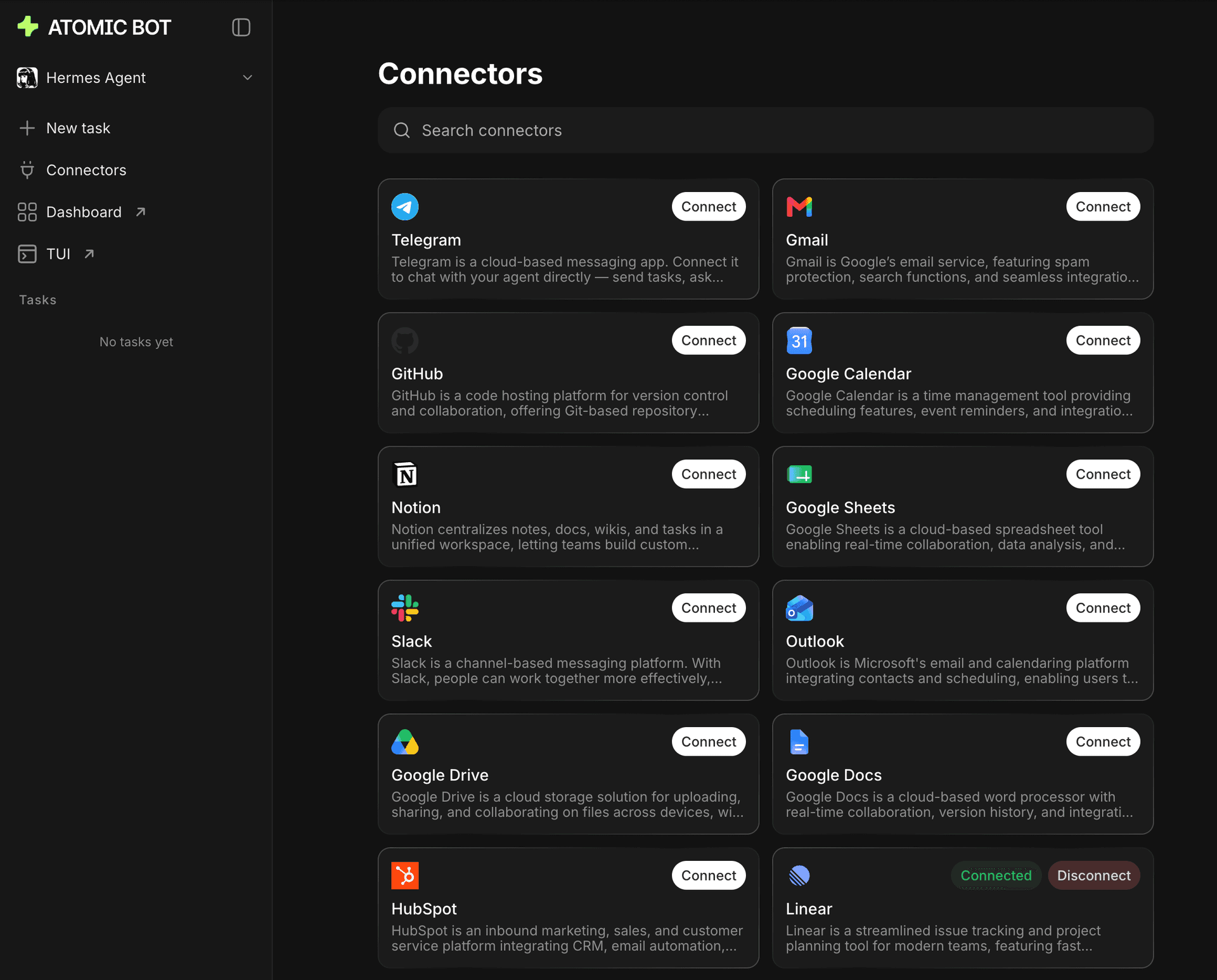 The Connectors screen with Linear connected